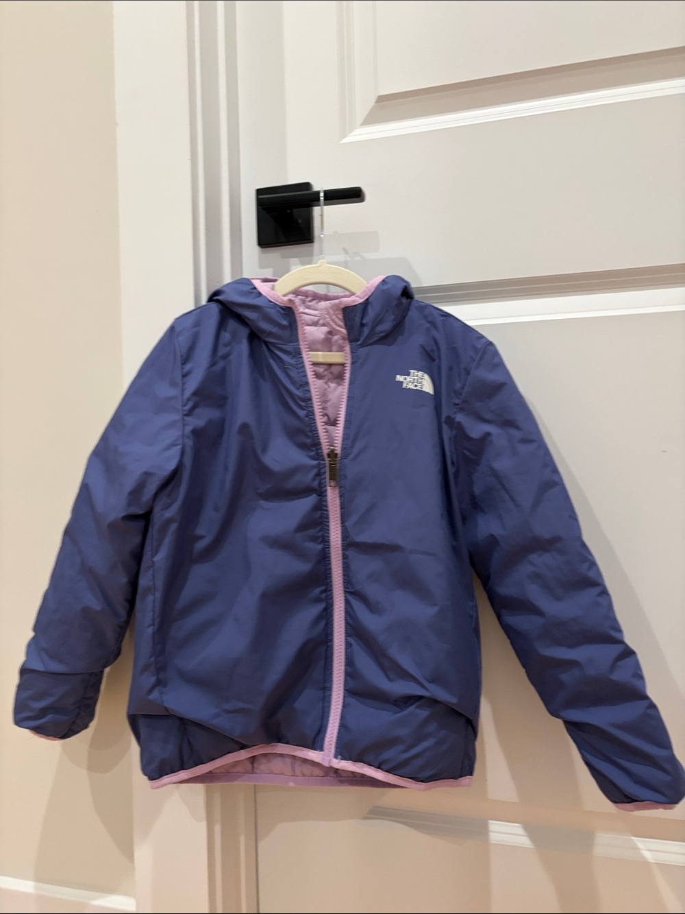 The North Face Kids' Reversible Hooded Puffer Jacket in Purple with Pink Trim
